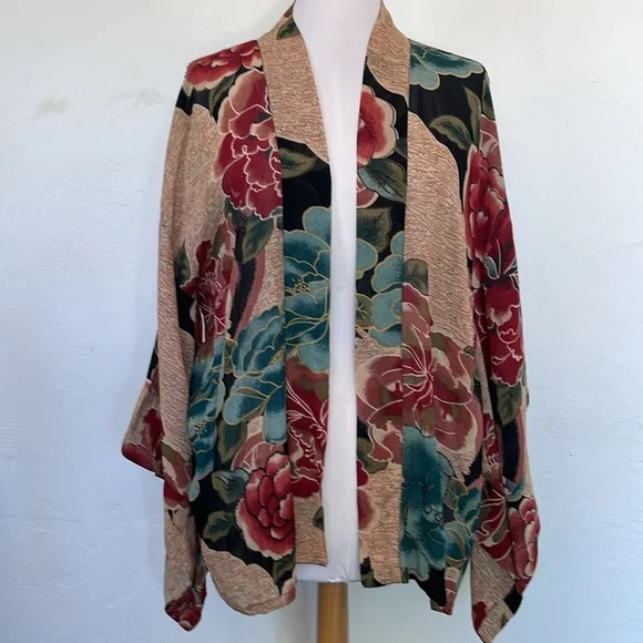 Chico's Kimono Jacket Vintage Floral Jewel Tones Some Flowers Beaded Cardigan S… - Picture 1 of 13